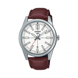 Casio Watch for Men Analog Leather Band White
